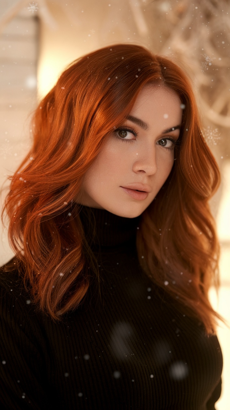 A woman with warm auburn brown hair in a cozy setting