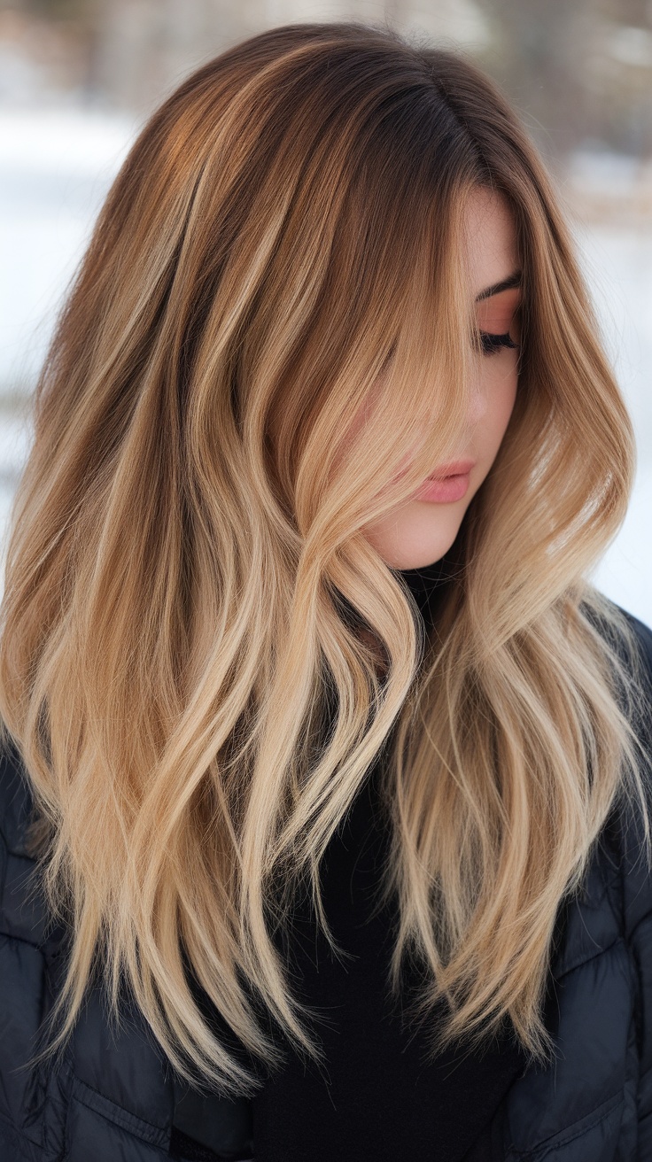 A woman with long, wavy hair showcasing bronde balayage, featuring a blend of brunette and blonde tones.