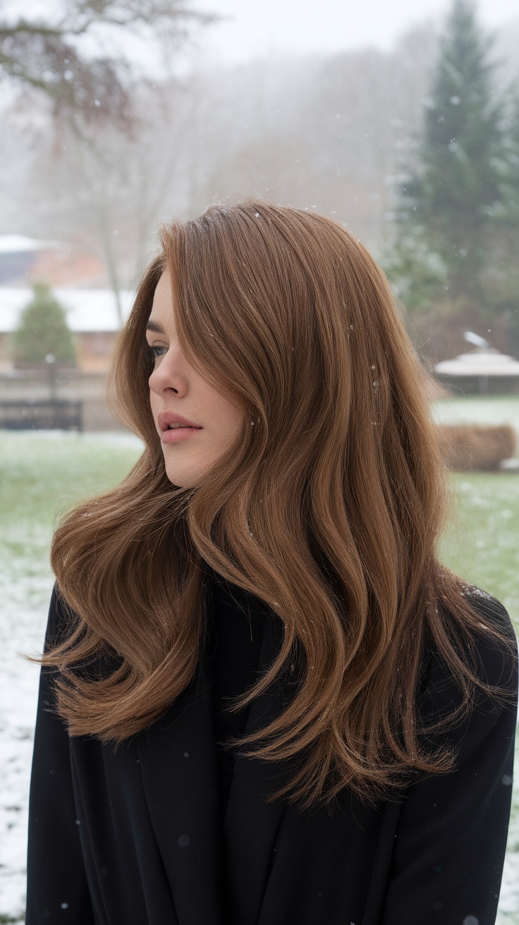 A woman with long, wavy chestnut brown hair with cool undertones, standing outdoors in winter.