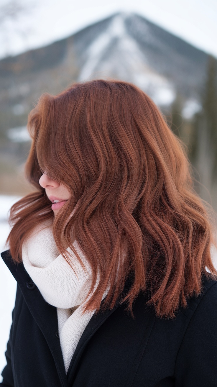 A woman with chestnut brown hair with reddish undertones, wearing a black coat and a white scarf, in a snowy outdoor setting.