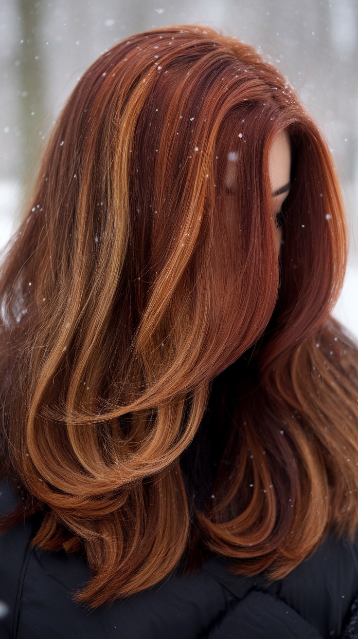 A woman with chocolate brown hair featuring auburn highlights, gently waving in the snow.