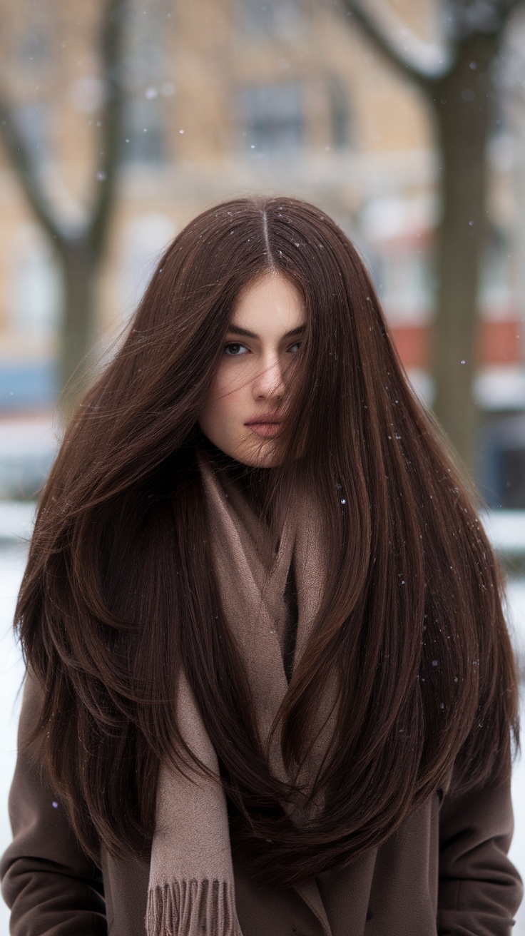 A woman with long dark chocolate brown hair, wearing a brown scarf, standing outdoors with snow falling.