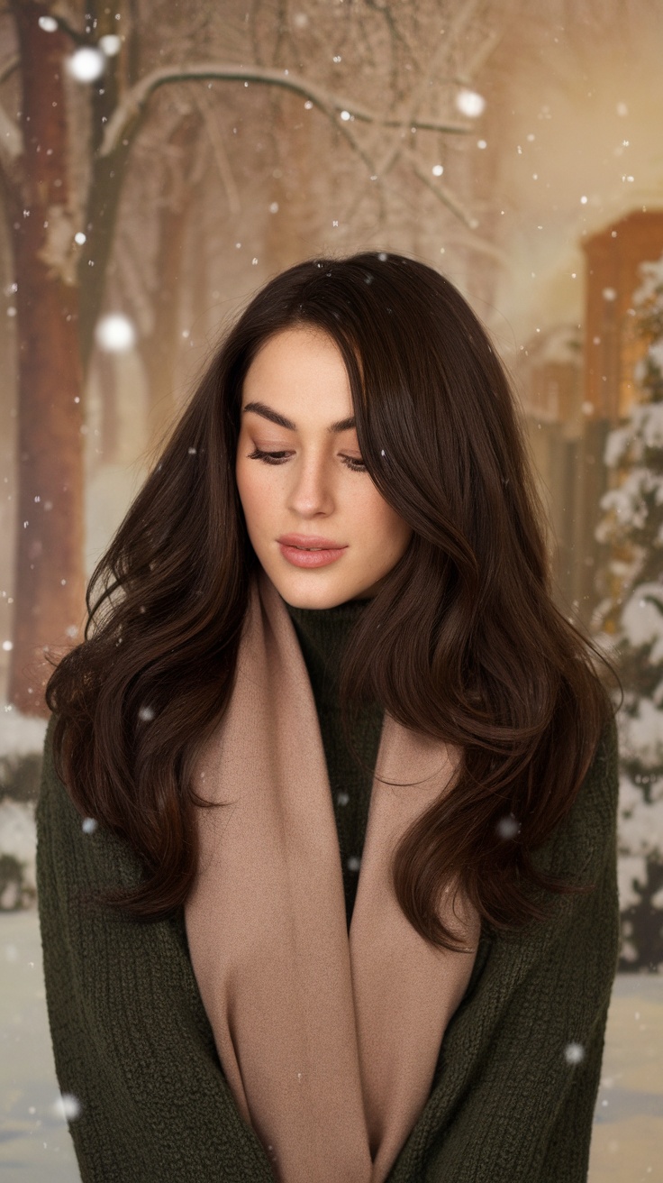 A woman with dark mocha brown hair wearing a green sweater and beige scarf, snow gently falling around her.