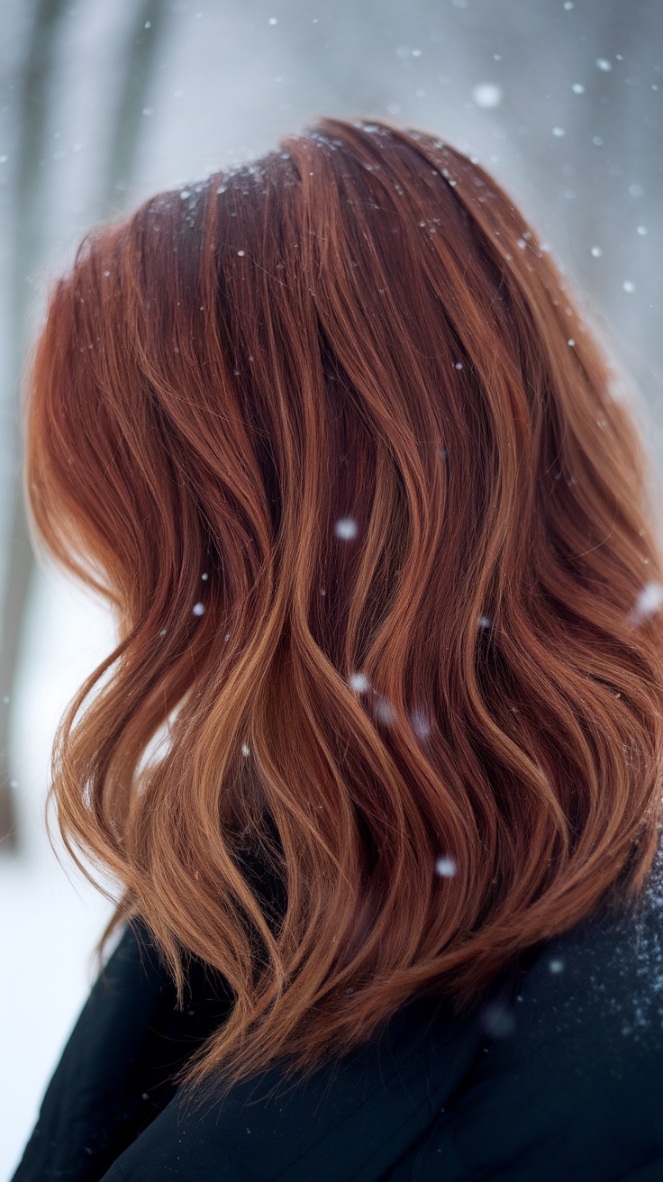 A close-up of hair dyed mahogany with auburn lowlights, with snow gently falling.