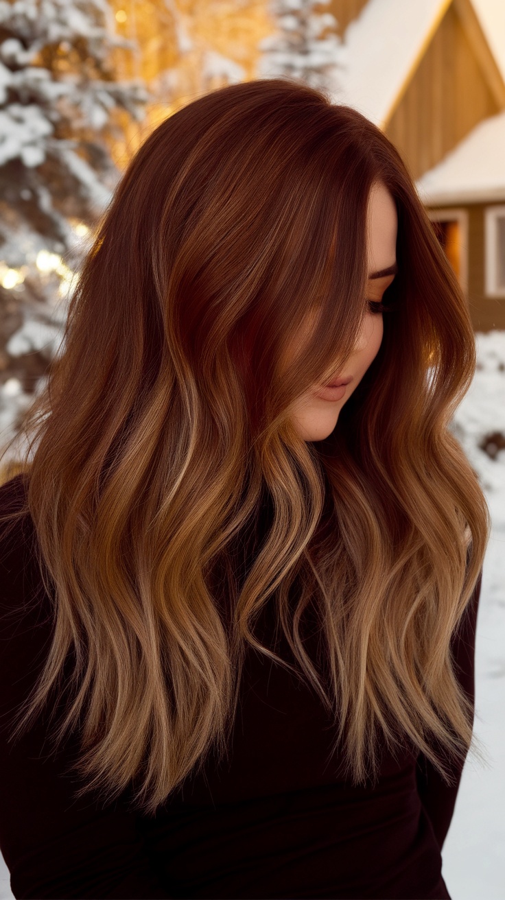 A woman with rich brunette hair styled in soft waves, featuring cinnamon balayage, standing in a snowy outdoor setting.