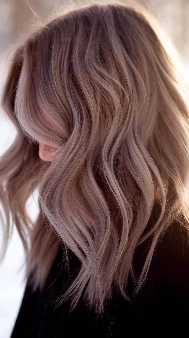 A woman with wavy, smoky ash brown hair in a winter setting.