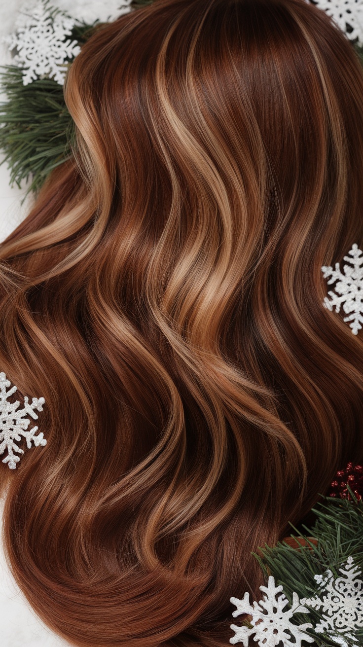 A warm chestnut brown hairstyle with soft auburn undertones, styled in waves and adorned with snowflake decorations.