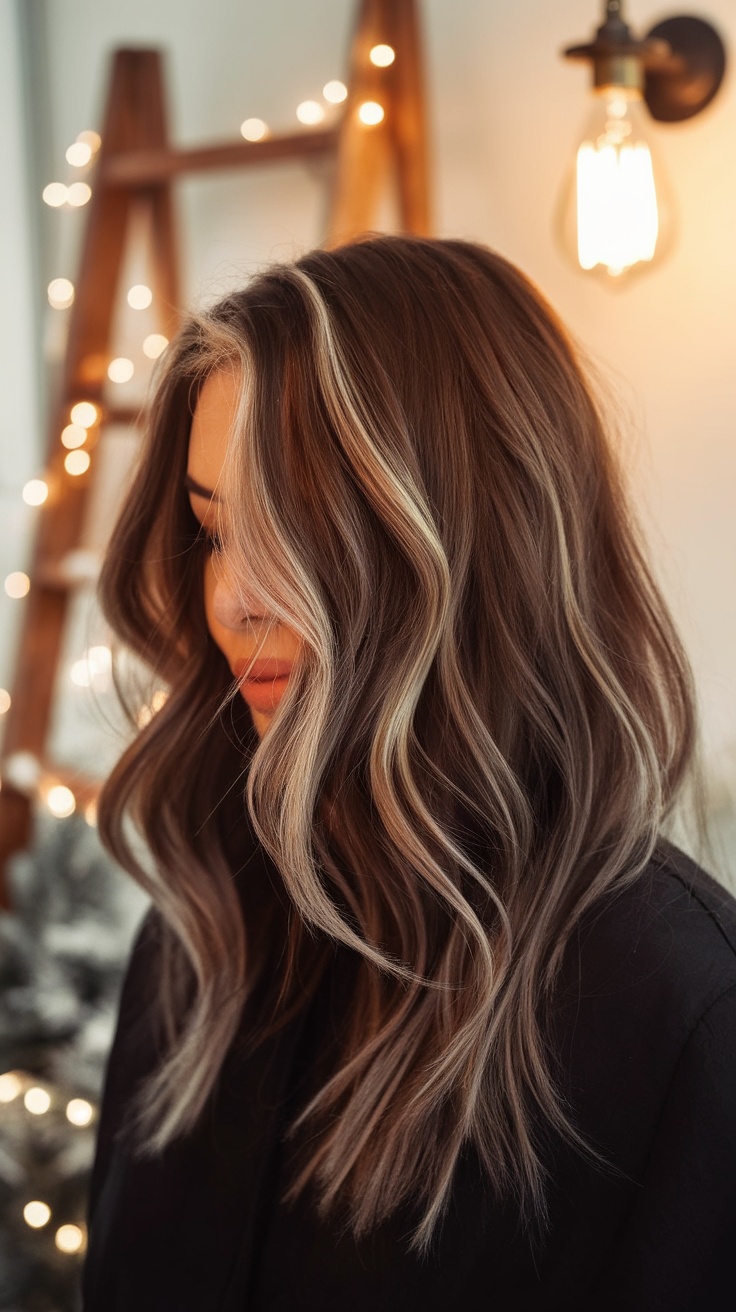 A woman with wavy hair in warm espresso color featuring subtle caramel highlights, set against a festive background.