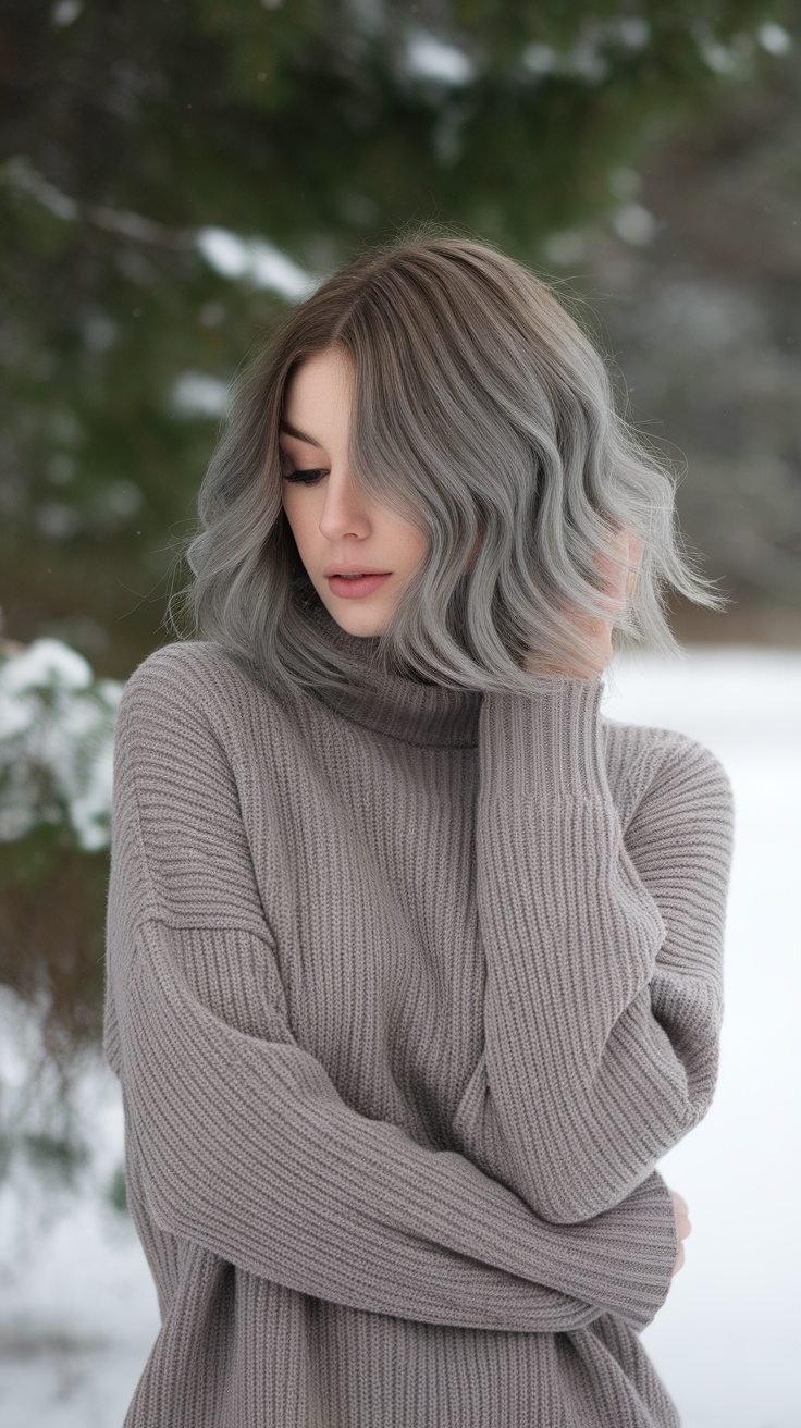 A woman with ash brown hair styled in soft waves, wearing a cozy sweater in a snowy background.