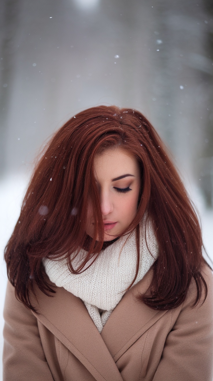 Woman with deep auburn brown hair wearing a scarf in a snowy setting.