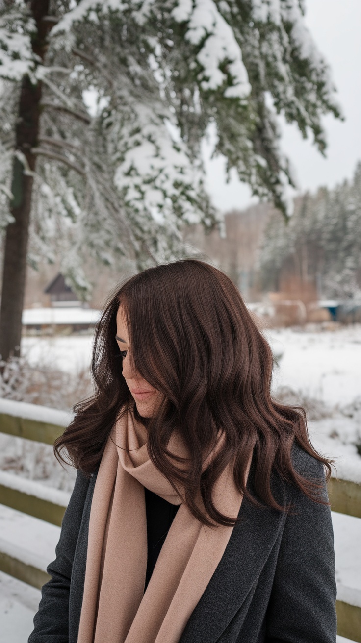 A woman with deep espresso brown hair standing in a snowy landscape, wearing a scarf and coat.