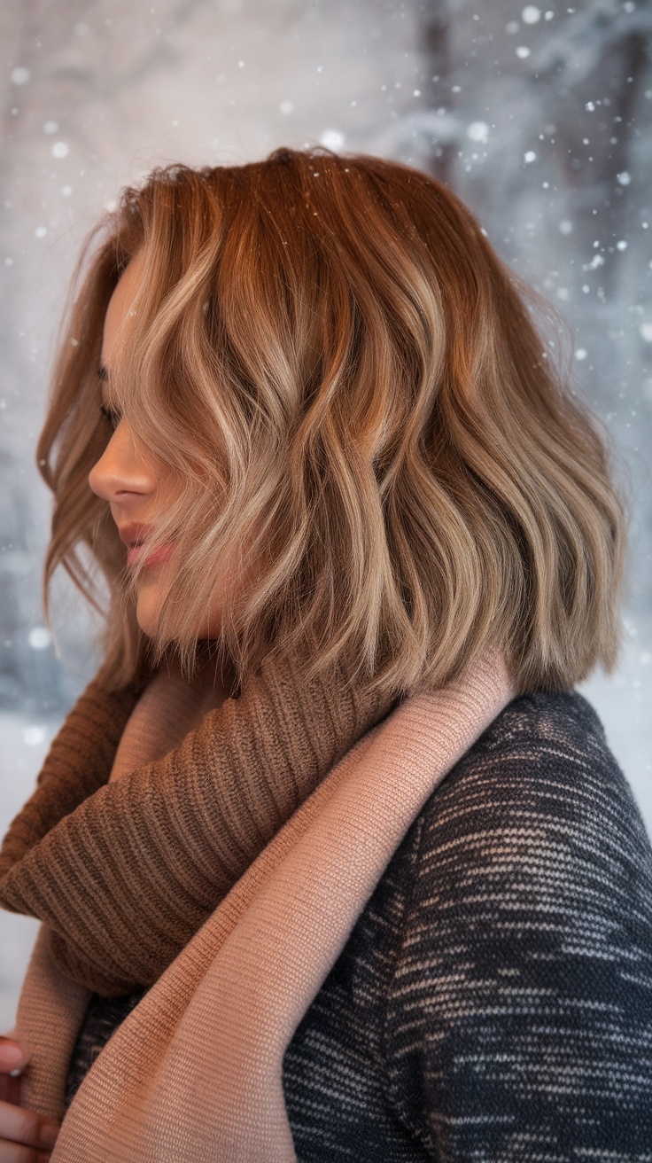 A woman with honey brown short waves wearing a cozy scarf against a snowy backdrop.