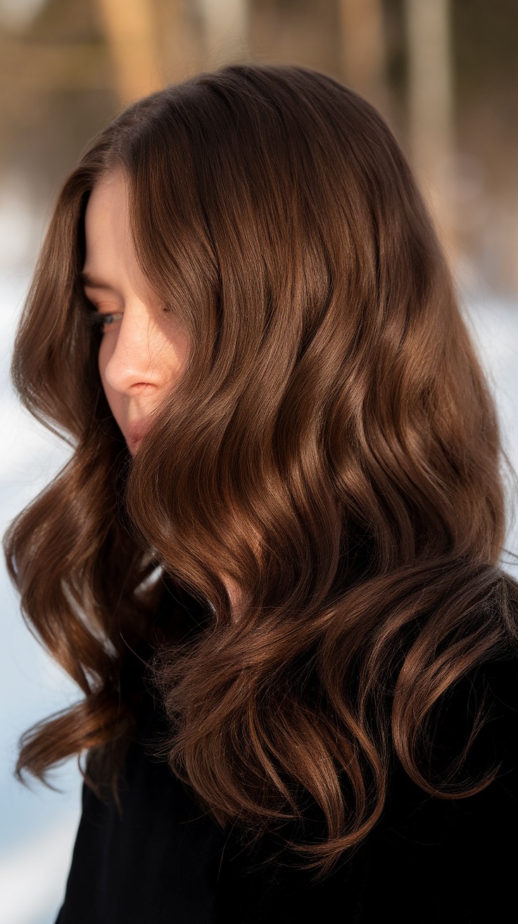 A close-up of wavy, rich chocolate brown hair against a blurred snowy background.