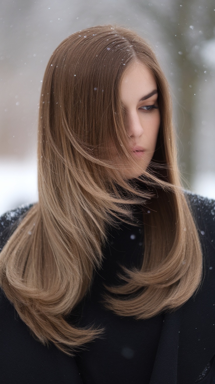 A woman with sleek mocha ombre hair, showcasing rich brown tones and lighter ends, with snowflakes falling around her.