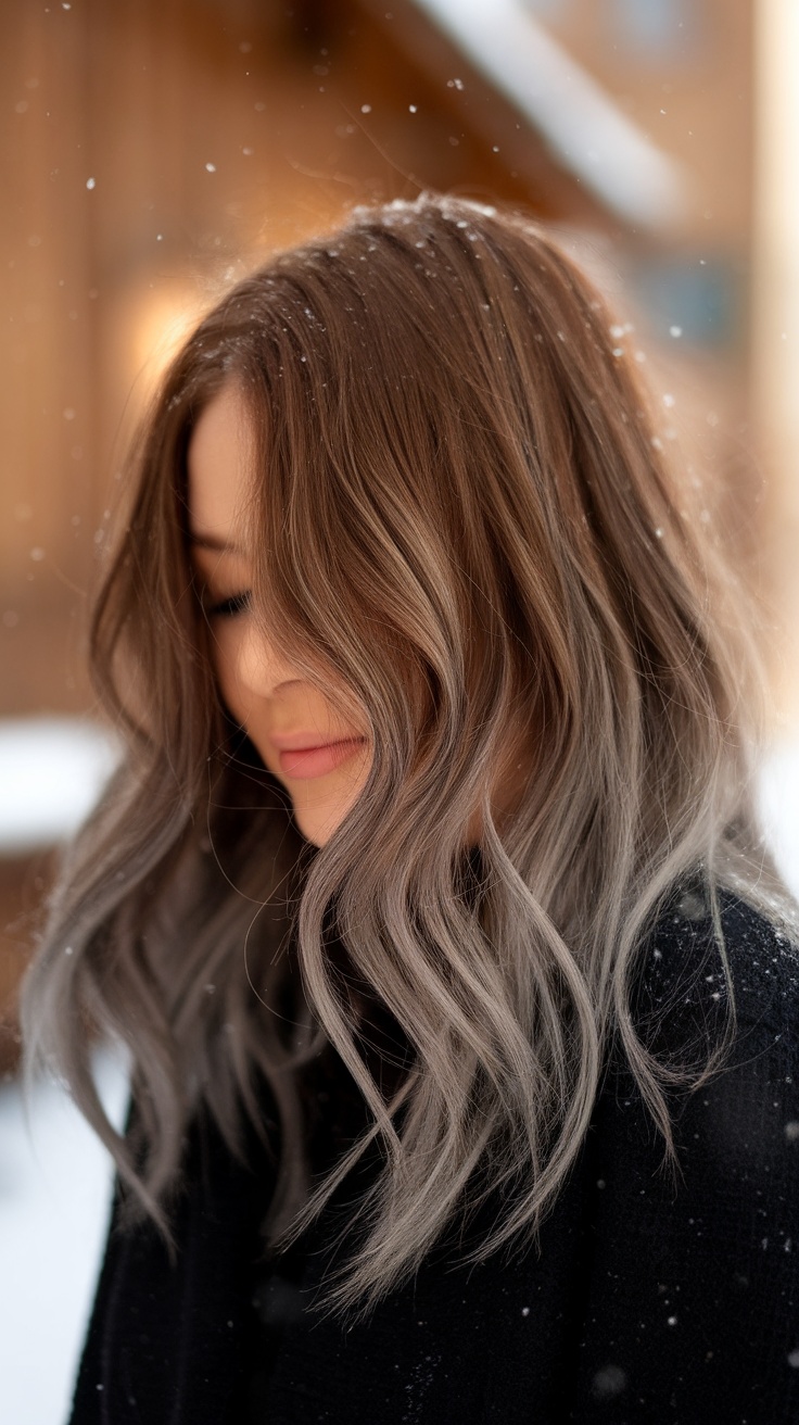 A woman with soft brown hair and subtle ash undertones, gently styled with loose waves, in a snowy outdoor setting