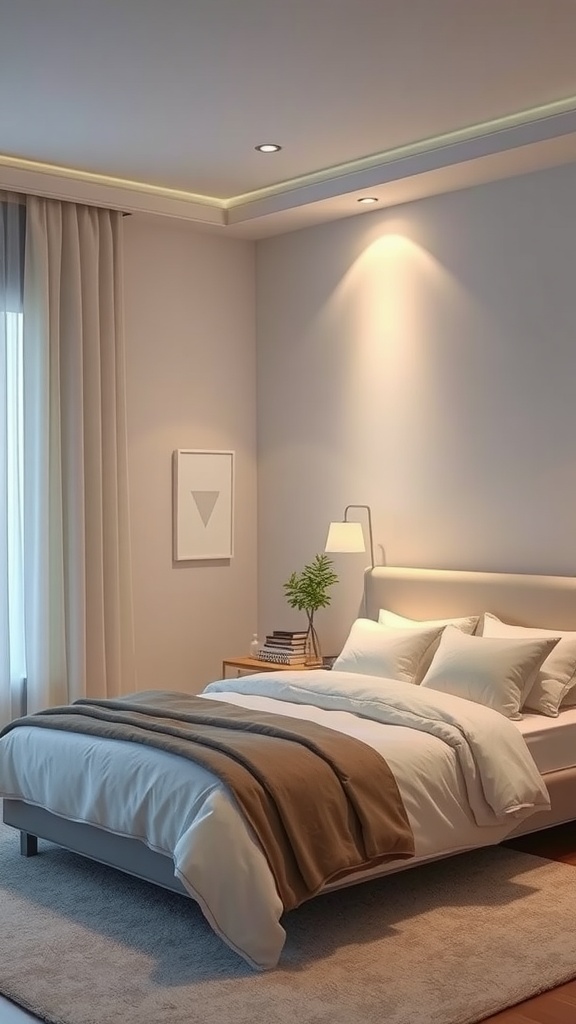 A cozy neutral bedroom featuring soft accent lighting and warm decor.