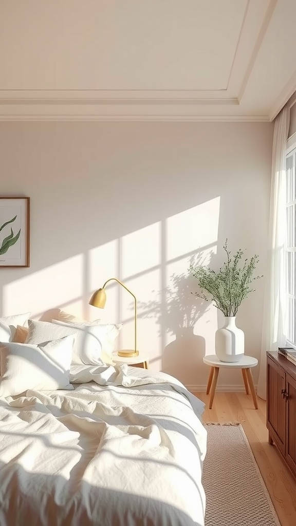 Cozy neutral bedroom with a bed, lamp, and plant