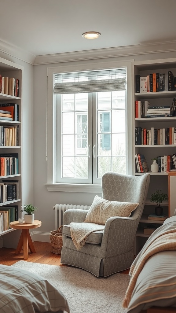 Cozy reading nook with a neutral-toned armchair, bookshelves, and natural light.