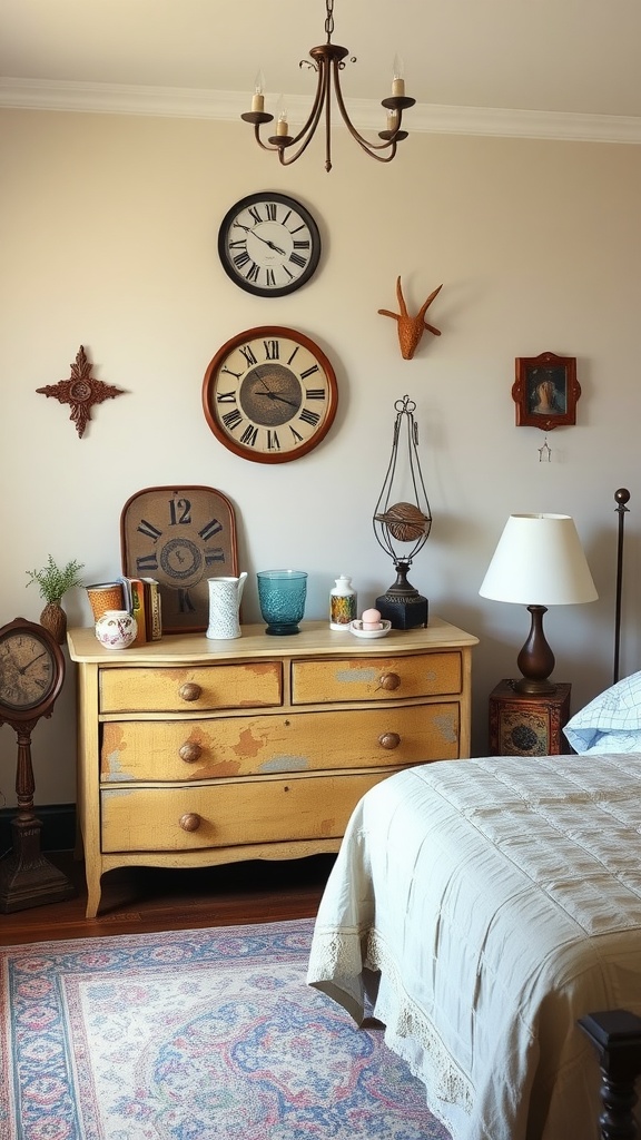 A cozy bedroom featuring a vintage yellow dresser, assorted clocks on the wall, and soft pastel bedding.