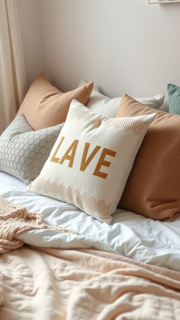 A cozy bed with layered throw pillows in neutral tones, featuring a pillow with the word 'LOVE'.