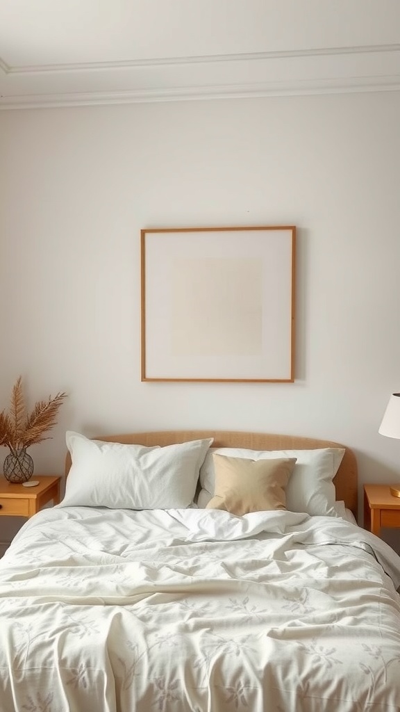 A cozy neutral bedroom with simple artwork above the bed and soft bedding.