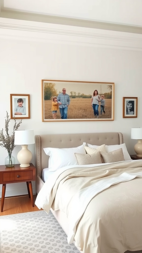 A cozy neutral bedroom featuring family photos on the wall, with a comfortable bed and warm lighting.