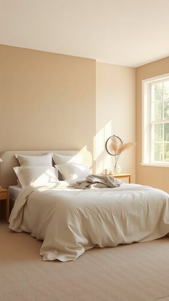 Cozy neutral bedroom with warm beige tones, light bedspread, and natural light