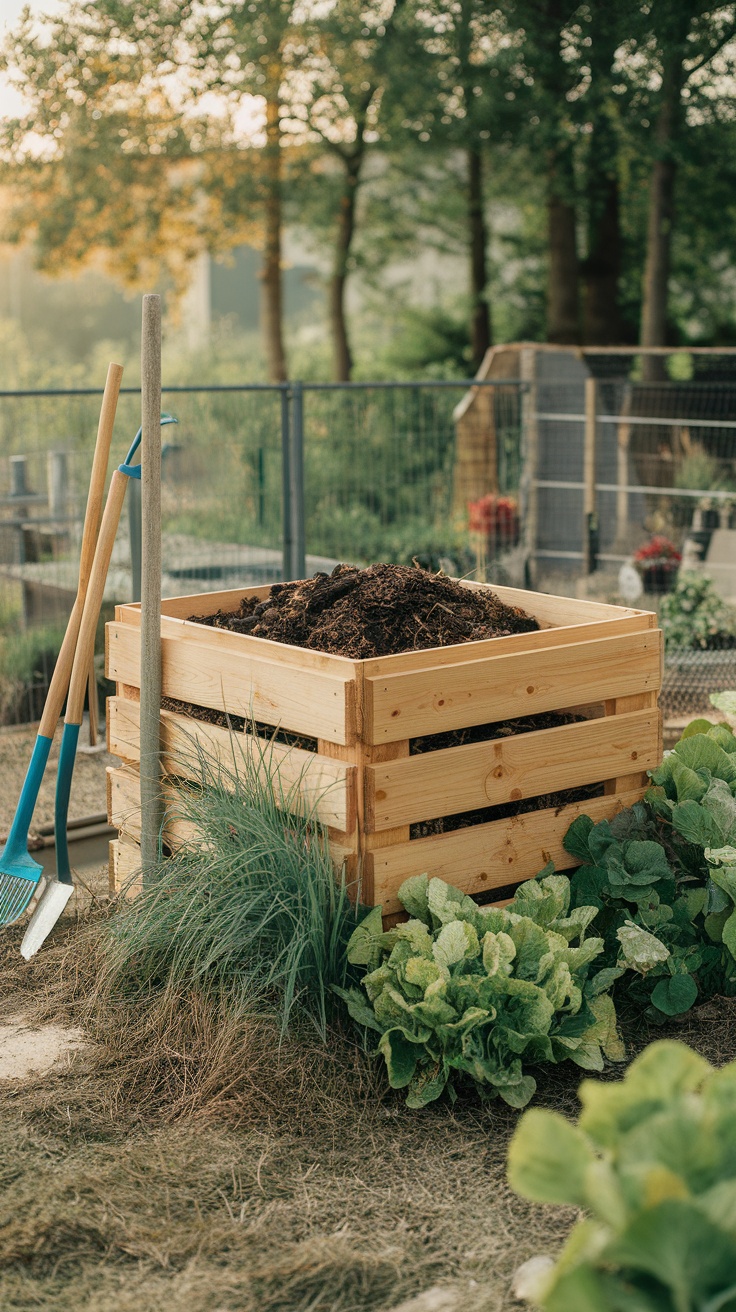 A wooden compost bin filled with compost, surrounded by green plants and gardening tools.