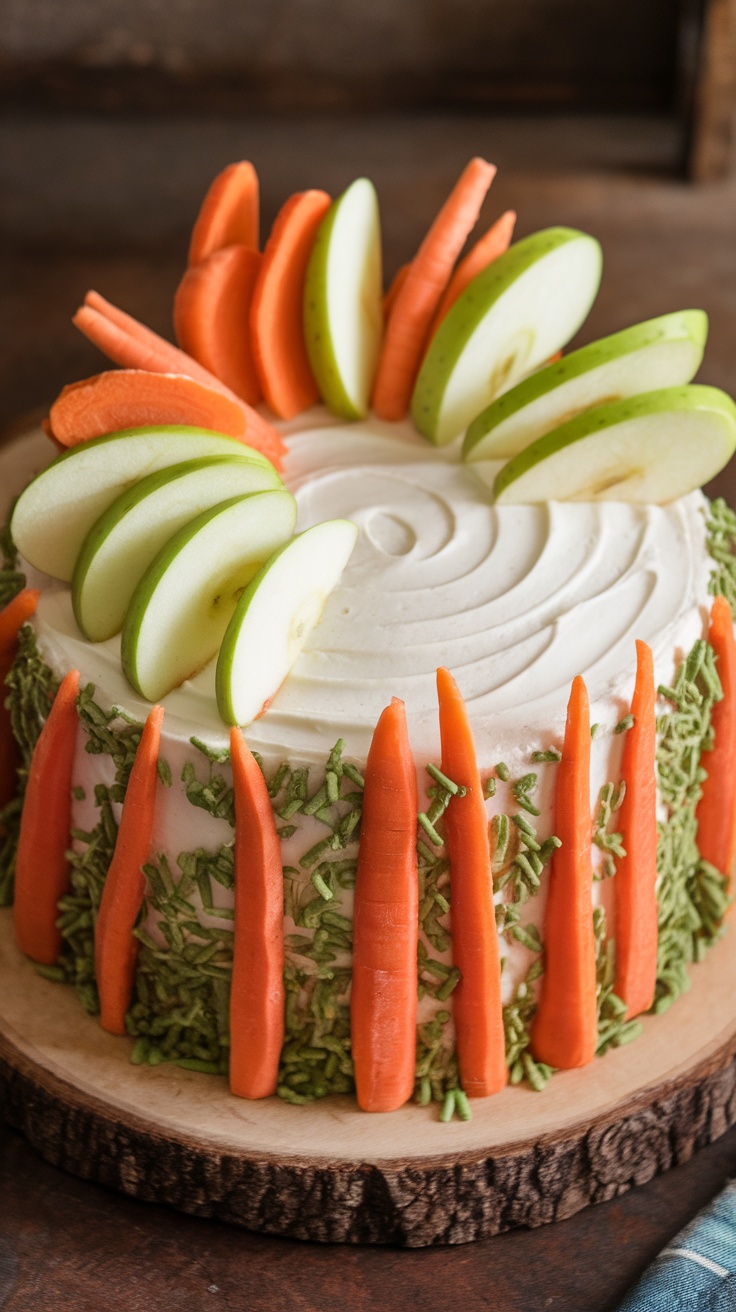 A colorful carrot and apple cake designed for dogs, decorated with carrot sticks and apple slices.