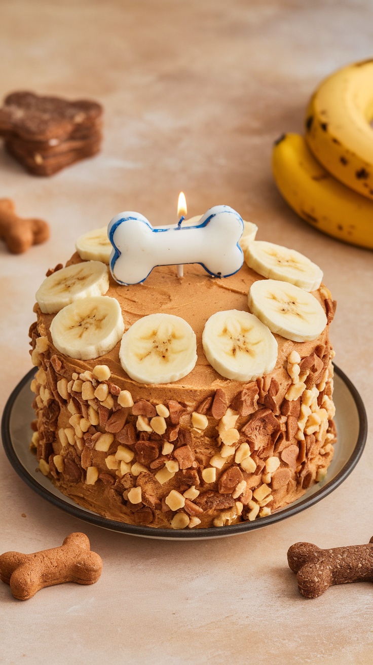 A delightful dog birthday cake made with peanut butter and banana, decorated with sliced bananas and a bone-shaped candle.