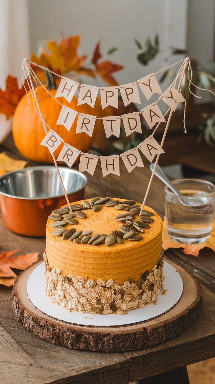 A dog birthday cake made of pumpkin and oats, decorated with a festive banner.