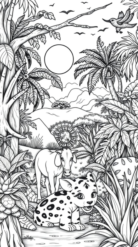 A detailed black and white coloring page featuring a leopard cub, a cow, and tropical plants.