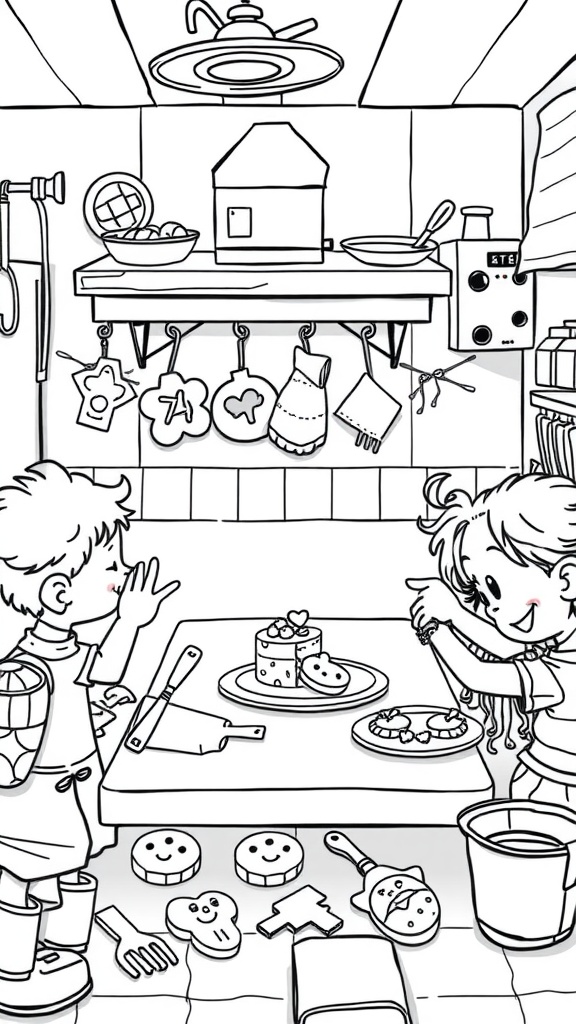 A fun black and white illustration of kids baking in a kitchen, featuring cakes and cookies.