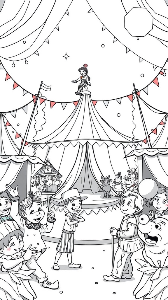 A fun black and white circus scene featuring clowns, performers, and colorful decorations for kids to color.