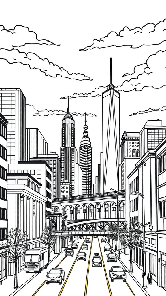 A detailed black and white line drawing of a city skyline with various tall buildings, trees, and cars on the street.