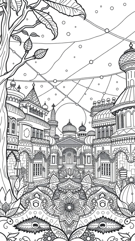 Intricate coloring page featuring cultural patterns and architectural designs.