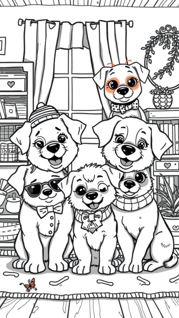 Coloring page of cute puppies with accessories, including sunglasses and bow ties.