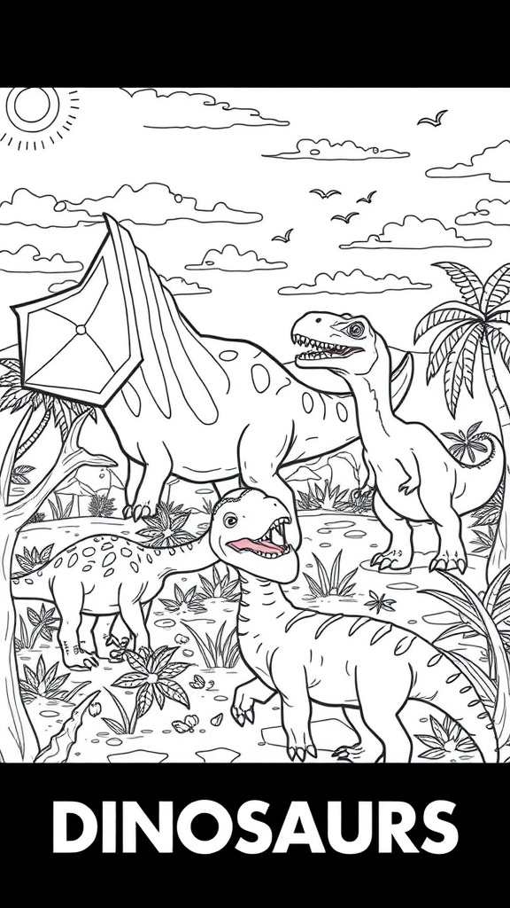 A black and white coloring page featuring various dinosaurs in a prehistoric landscape.