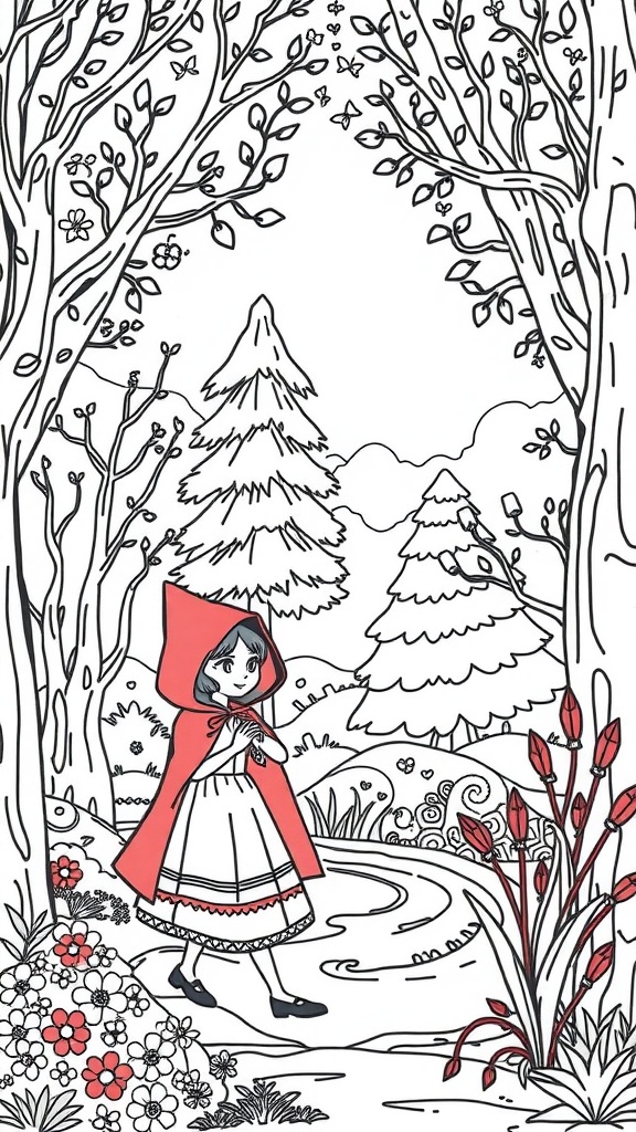 A coloring page of Little Red Riding Hood in a forest with flowers and trees.