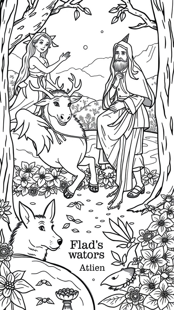 A black and white coloring page featuring a magical scene with a woman, a deer, and a wise old man in a forest.