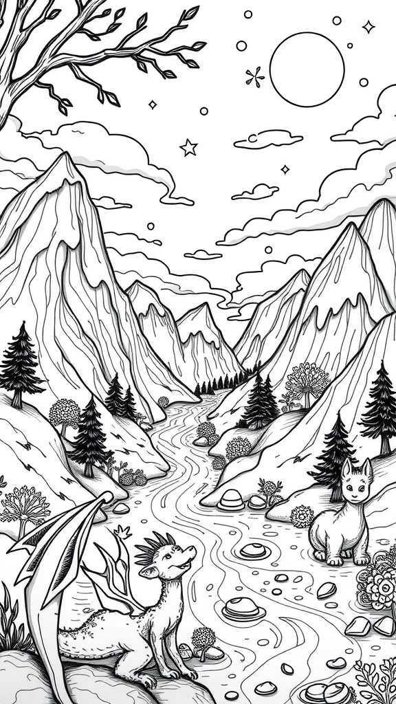 A fantasy landscape coloring page featuring a dragon, a cat-like creature, mountains, and a river.