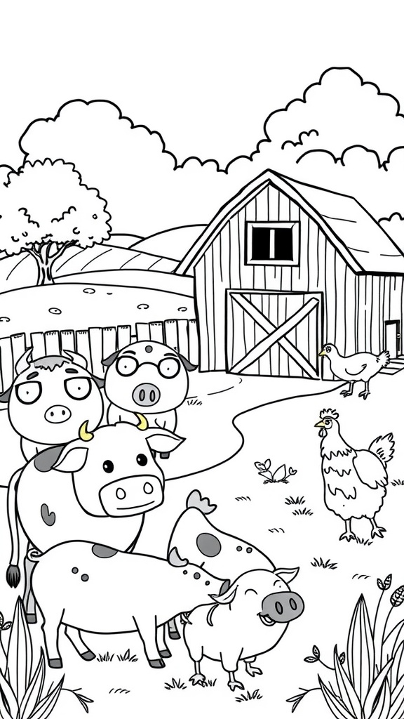 Coloring page featuring a barn and farm animals like cows, pigs, and chickens.