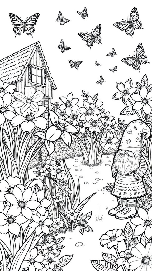 A whimsical coloring page featuring a gnome in a flower garden with butterflies and a house.