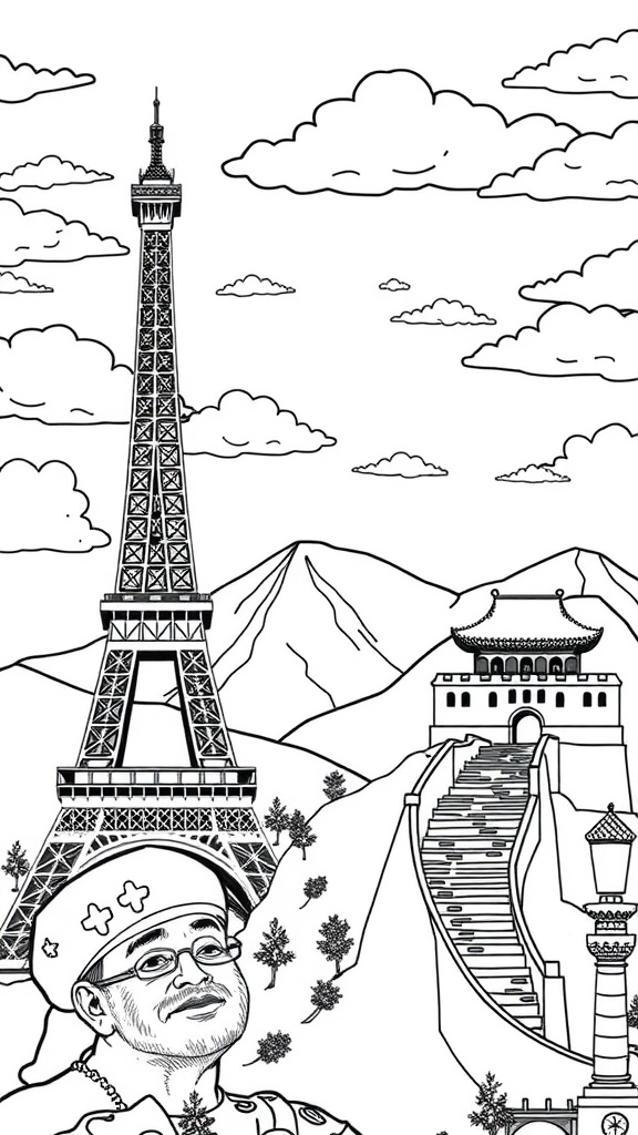 Coloring page featuring the Eiffel Tower and the Great Wall of China, along with a character.