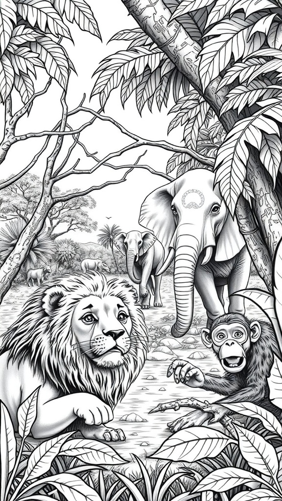 A black and white illustration of a lion, elephant, and monkey in a jungle setting for coloring.