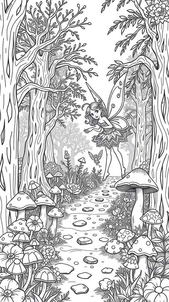 Coloring page of a magical forest with fairies, mushrooms, and flowers.