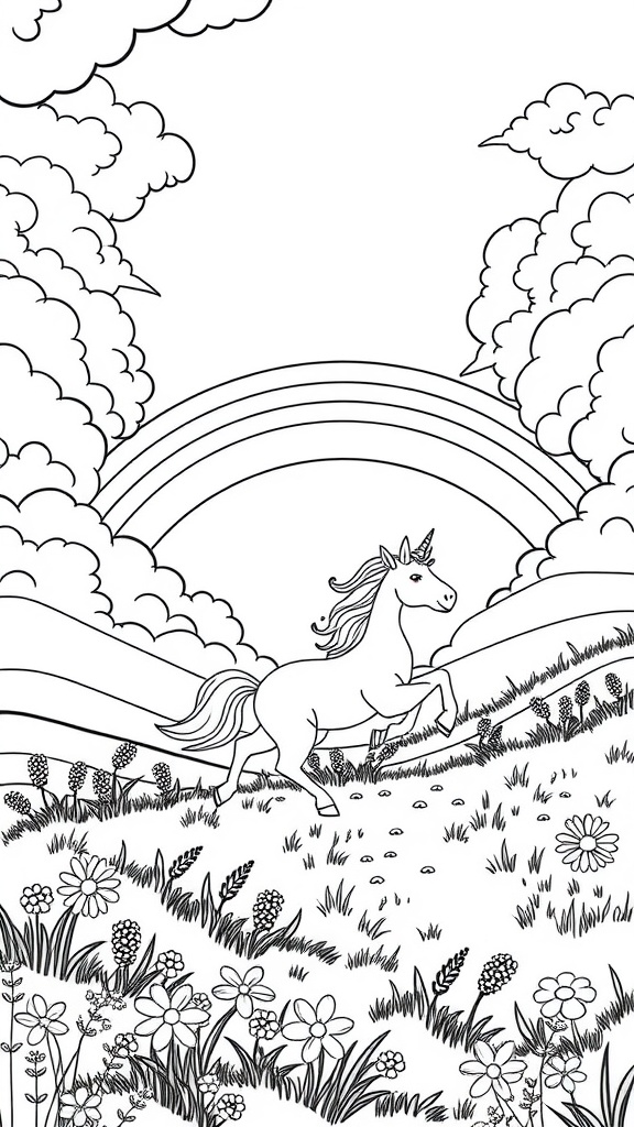 A coloring page of a unicorn in a flower-filled landscape with clouds and a rainbow.