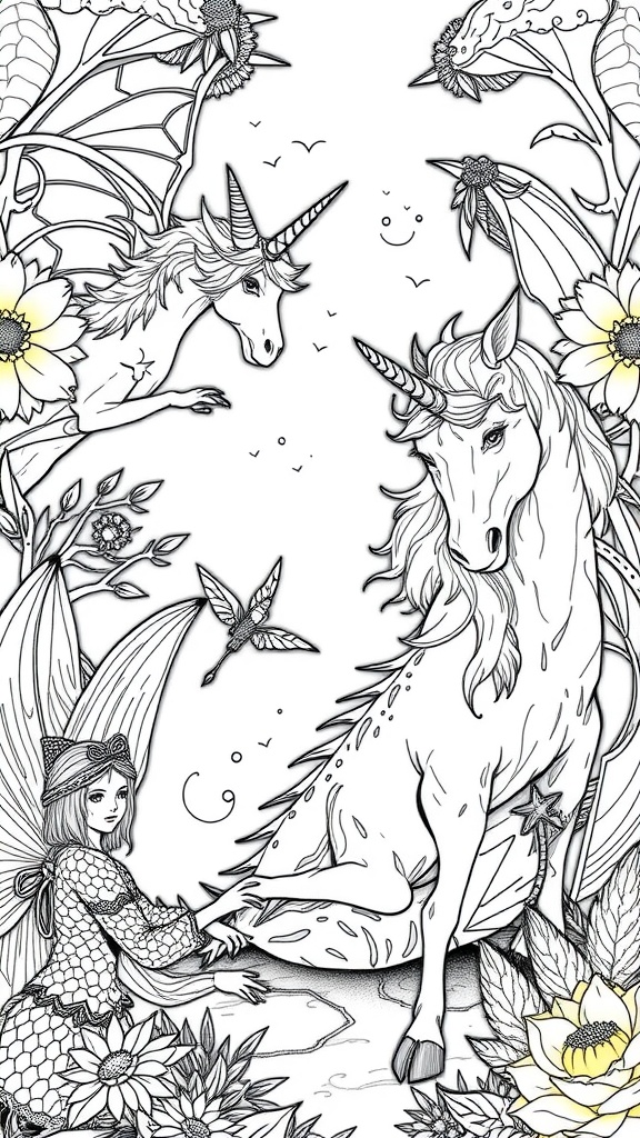 A detailed coloring page featuring unicorns, a fairy, and flowers.