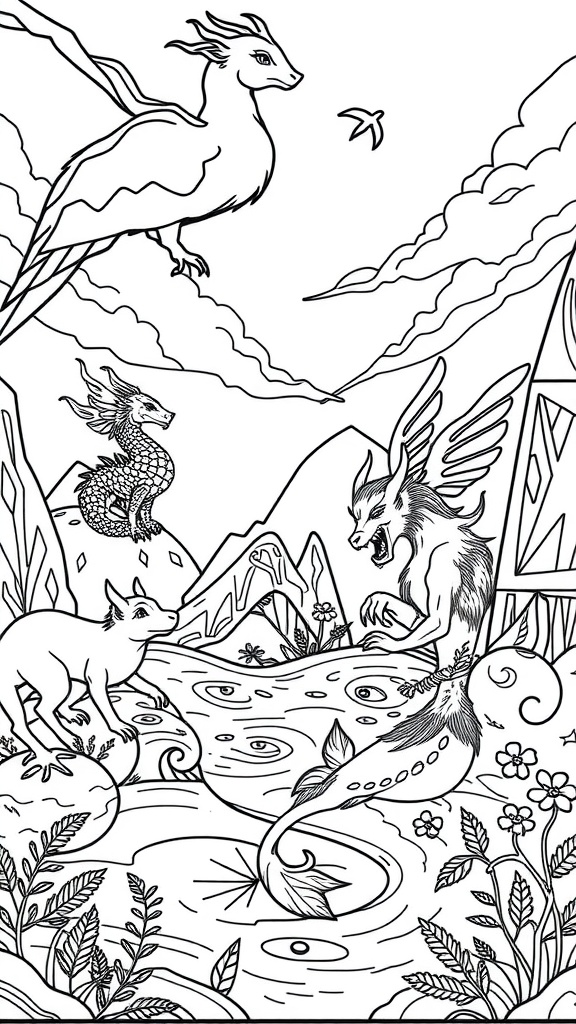 A coloring page featuring various mythical creatures like dragons and a mermaid.