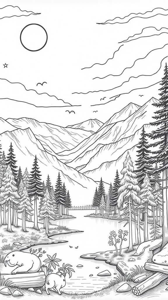 A black and white coloring page of a nature scene featuring mountains, trees, a river, and cute animals.